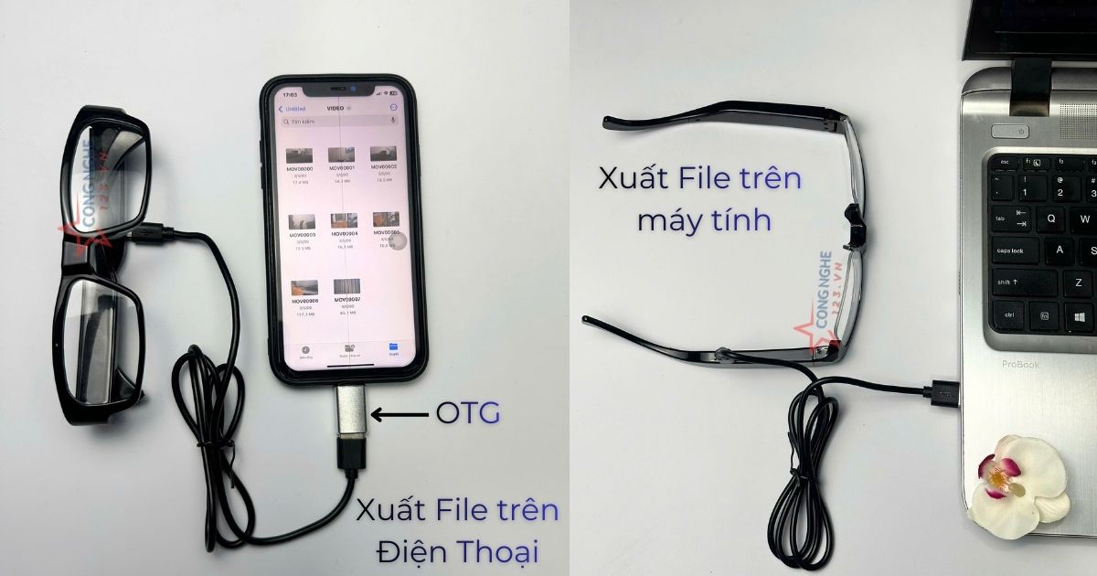 Camera kính mắt GL92, dễ dàng xuất file qua điện thoại và máy tính qua dây cáp sạc cho sẵn